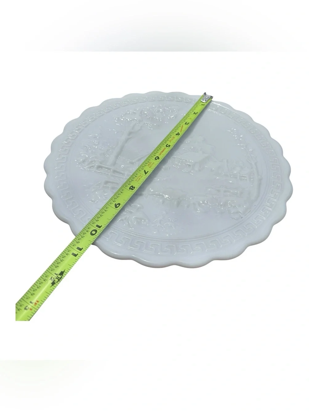 Vintage Milk Glass Scenic Cottage Relief Serving Platter Greek Key Oval Plate